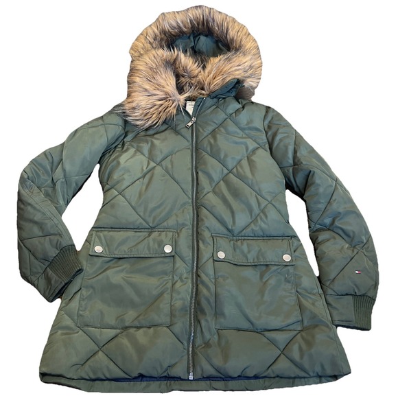 womans tommy hilfiger Long Puffer Jacket With Faux Fur Hood Size S Olive Green - Picture 1 of 6